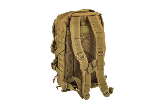 The Red Rock Gear Coyote Brown Assault backpack features MOLLE webbing and breathable mesh material